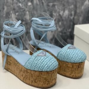Prada Crochet Wedge Sandals Light Blue For Women