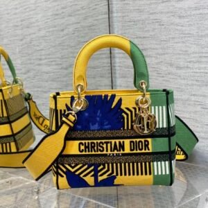 Christian Dior Medium Lady D-Lite Bag D-Flower Pop Embroidery, Bright Yellow/Green, For Women Women's Handbags, 24cm CD M0565OROO_M886