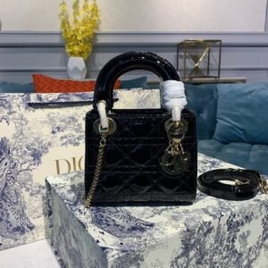 Christian Dior Mini Lady Dior Bag with Chain Gold Toned Hardware Spring/Summer Collection, Black, For Women Women’s Handbags, 18cm CD