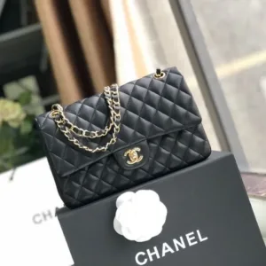 Chanel Classic Handbag Gold Toned Hardware Black For Women, Women’s Bags, Shoulder And Crossbody Bags 9.8in/25cm A01112