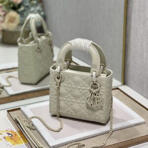 Christian Dior Mini Lady Dior Bag Latte Cannage with Beaded Motif, White, For Women Women’s Handbags, Crossbody Bags, 18cm CD M0505INEA_M030