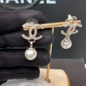 Chanel Shaped Pearl Letter Earrings Light Rose Gold For Women