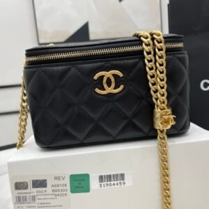 Chanel Small Vanity Case Black With Gold Zipper For Women, Women's Bags 5.9in/15cm