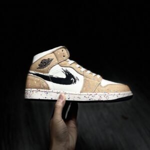 Nike Air Jordan 1 Mid Beige With “Brushstroke” Sneaker For Men, Men's Shoes